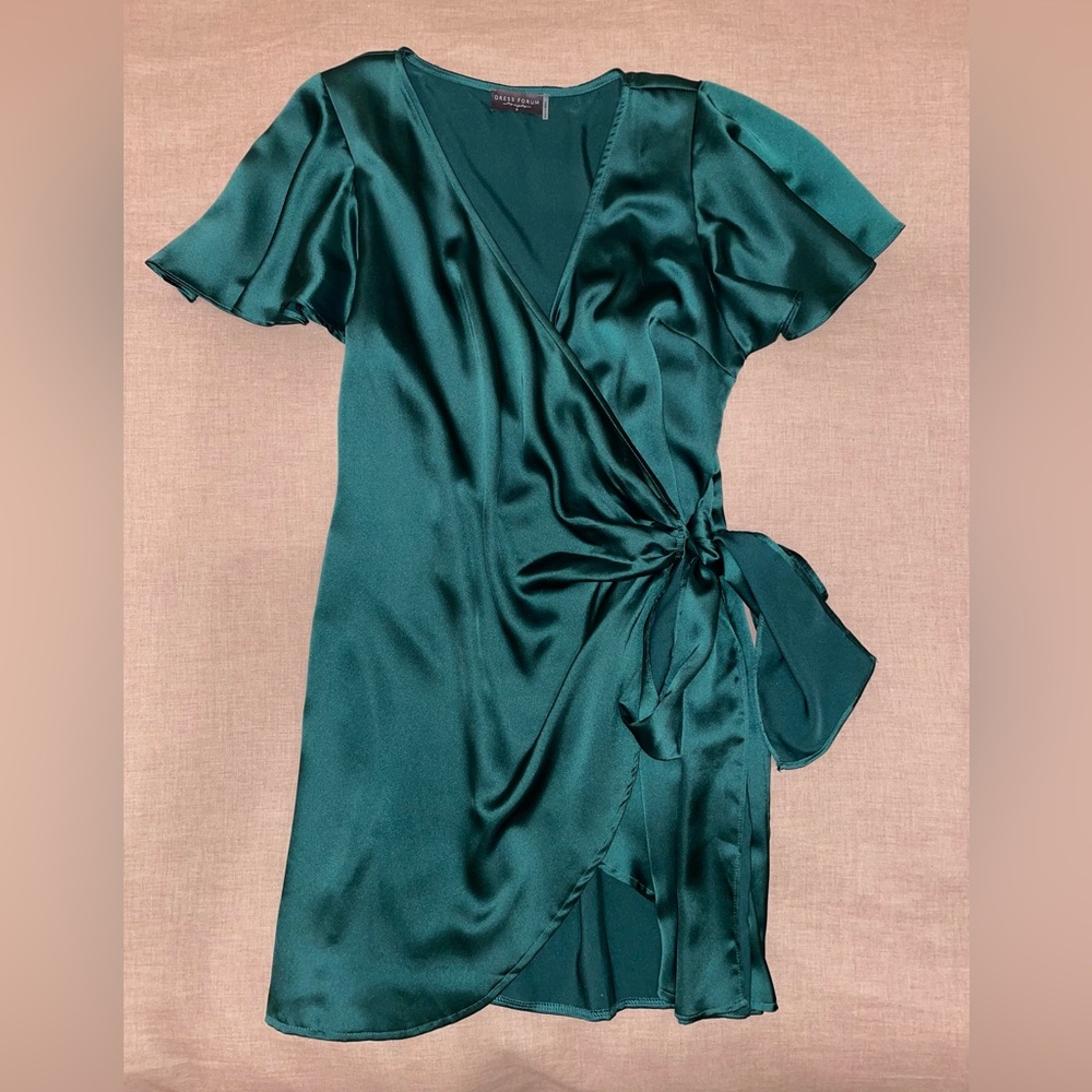 Green satin wrap dress
